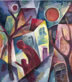 STADTLANDSCHAFT MIT ZWEI ROTEN FIGUREN