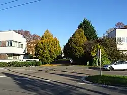 Průhled mezi Liskovou a Švorčíkovou vilou na Sbor kněze Ambrože