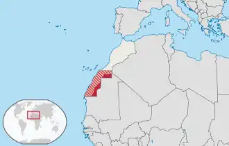 Poloha SADR: Červeně – nárokované území, bílé šrafování – území pod kontrolou Maroka
