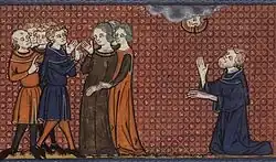 Pelagie mezi svojí svitou a biskup Nonnos, jenž se za ní modlí, 14. století