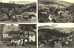 Čtyři černobílé snímky zástavby Schönwaldu na pohlednici z počátku 20. století