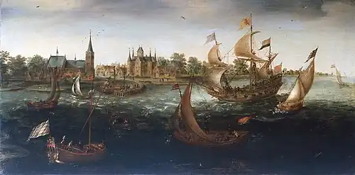 De thuiskomst te IJsselmonde, van het schip De Eendraght, na de ontdekkingstocht naar Kaap Hoorn (Návrat lodi De Eendraght do IJsselmonde po objevitelské cestě k mysu Horn, 1618, Rijksmuseum)