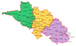 Mapa správního členění Pruského Slezska (Provinz Schlesien) roku 1905: zelený vládní obvod Lehnice/Liegnitz, žlutý Vratislav/Breslau a fialový Opolí/Oppeln