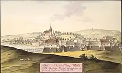 Kostel sv. Jana Křtitele na obraze zámku a městyse Dolní Kralovice z roku 1813 od Joanna Venuta
