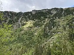 Pohled na oblast Schustlerovy zahrádky z dna Labského dolu. Vlevo Pančavský vodopád, vpravo od něj Ambrožova vyhlídka a pod ní Schustlerova zahrádka