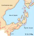 Japonské souostroví, Japonské moře a okolní části asijského kontinentu ve středním a pozdním pliocénu (3,5 - 2 Ma).