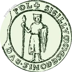 Kruhová zelená pečeť na které je vyobrazen muž s krytým obličejem. V jedné ruce drží štít, ve druhé kopí.