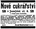 Oznámení o otevření cukrárny na Josefské 2 roku 1906.