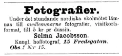 Inzerát Selmy Jacobsson ve Švédských učitelských novinách, 1895