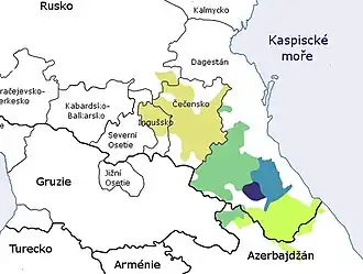 Rozšíření severovýchodokavkazských jazyků.