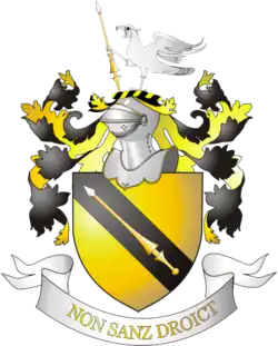 převážně žlutý erb se zbrojí v horní části a nápisem NON SANZ DROICT