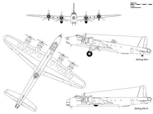 3-view projection of Short Stirling Mark I, with profile inset of the glider-towing and transport Mark IV.
