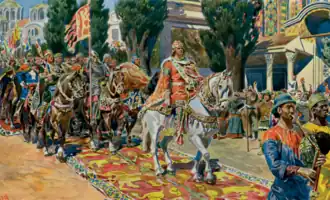 Norský král Sigurd se svými muži vstupuje do Konstantinopole („Miklagardu“)