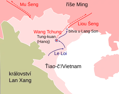 Schematická mapa severního Vietnamu s vyznačeno tažení Le Loie z jihu do delty Rudé řeky, podél řeky k Hanoji a na severovýchod k hranici kde se střetla v bitvě u Lang Son s přicházející mingskou armádou. Vyznačem i postup další mingské armády ze severozápadu k čínsko-vietnamským hranicím a její návrat po zmíněné bitvě a ústup mingské posádky z Hanoje.