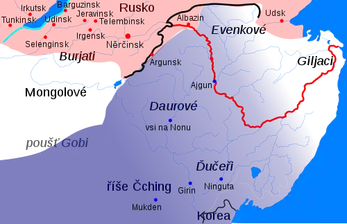 Mapa Zabajkalí a Poamuří, barevně vyznačeno ruské a čchingské území k roku 1688, návrhy stran při jednání v Něrčinsku a hranice podle něrčinského míru