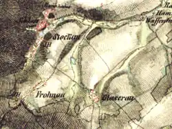 Skláře (Glaserau), Vranov ( Frohnau) a Pivoň (Stockau) na mapě z poloviny 19. století