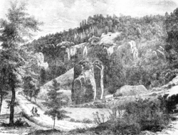 Sloupské skály roku 1857, v popředí Hřebenáč