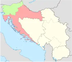 Mapa Slovinska (zeleně), Chorvatska (růžově) a zbytků Jugoslávie (žlutě)