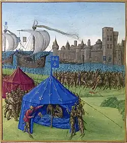 Miniatura s umírajícím Ludvíkem IX. a obléhání Tunisu v pozadí (Jean Fouquet)