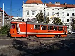Měřicí vůz T3 evidenční číslo 5521 na tramvajové smyčce Dlabačov v Praze