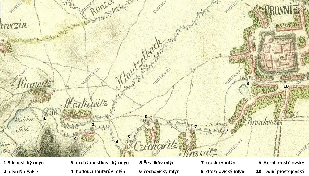 Soustava mlýnů na Čechovickém náhonu z období I. vojenského mapování (1764–1768)