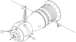 Sojuz 7K-T po úpravě, zajišťující vynesení na oběžnou dráhu dvou kosmonautů ve skafandrech "Sokol", chybí solární panely.