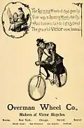 Reklamní letáček (1895) s dvojsmyslným významem slova "spinning" zdůrazňující, že předení u kolovratu začíná být minulostí a propagující moderní dobu – "spinning" na kolech Victor od výrobce Overman Wheel Co.