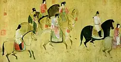 Barevná malba, na žlutozeleném pozadí skupina mužů a žen na koních jede zleva doprava