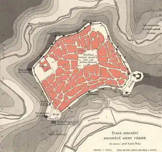 Středověké opevnění Tábora (nákres historika K. Thira)