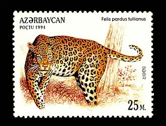 Na známce je barevně vyobrazen levhart natočený z boku.