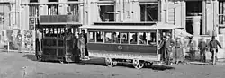 Steam locomotive Victoria and tram in Lambton Quay, 1879