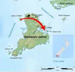 Mapa Stewartova ostrova zobrazjící ostrov Coldfish, který je na jeho sevrozápadě, a ostrov Ulva, který se nachází ne jihovýchodě ostrova