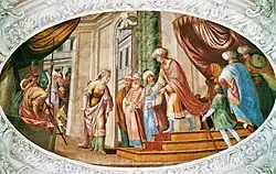 Kolegiátní kostel Schlierbach, nástropní freska (asi 1687): Batšeba, matka Šalamounova, prosí svého syna za Adoniáše – 1Kr 2 (Kral, ČEP)