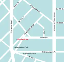 A color digital map of the Greenwich Village neighborhood surrounding the Stonewall Inn in relation to the diagonal streets that make small triangular and other oddly shaped city blocks