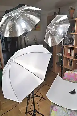 Sada fotografických deštníků v domácím ateliéru