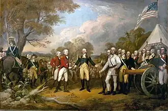Gen. John Burgoyne kapituluje u Saratogy, John Trumbull 1822 Kapitulující britský gen. John Burgoyne odevzdává americkému gen. Horatio Gatesovi, svůj meč, který ho ovšem odmítá převzít.