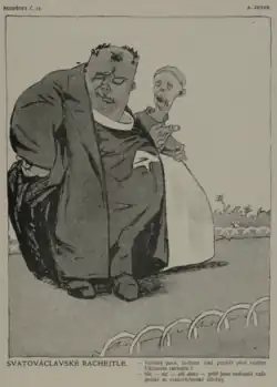 Svatováclavská rachejtle (karikatura J. A. Zeyera v časopise Kopřivy, 1909)