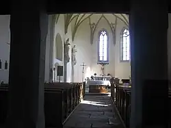 Interiér filiálního kostela Božího Těla ve Svatém Tomáši.