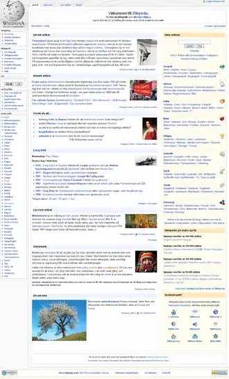 Hlavní strana Švédské Wikipedie 2. května 2008.