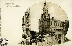 Liberecká synagoga na dobové pohlednici, pohled od Divadla