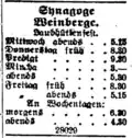 Rozpisy časů bohoslužeb ve vinohradské synagoze z pražských novin Prager Tagblatt z roku 1916