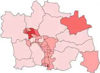 Výsledky KSČM dle volebních okrsků. V procentech hlasů:      15-20 %      10-15 %      5-10 %      0-5%