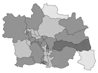 Výsledky Pirátů dle volebních okrsků. V procentech hlasů:      15-20 %      10-15 %      5-10 %      0-5%