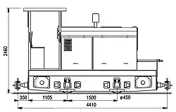 Typový náčrt lokomotivy Gebus 40 Provedení s budkou pro "polní" dráhy a s přípravou na dřevoplyn, cca 1942 (cca od výr.č. 497 výše)