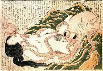 Znásilňování chapadly (dřevoryt z roku 1814, Hokusai)