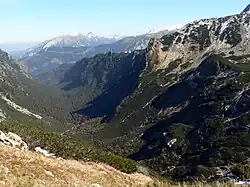 Dolina Roztoki ze stezky na Krížne. Vzadu Belianské Tatry.