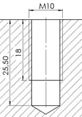 Jednoduchý výkres závitu (řez). Technologický postup výroby: navrtat, vyvrtat díru 8,4 (vnitřní průměr matice) do délky 25,5 mm a vyřezat závit M 10 do délky 18 mm