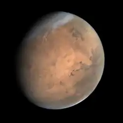 Mars, příklad pouštní planety, snímek z mise Mars Orbiter Mission.