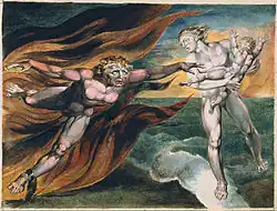 Dobří a zlí andělé Williama Blakea zápasící o vlastnictví dítěte. Doprovodný štítek londýnské galerie Tate v březnu 2011 uvedl Blakeovu poznámku k Johann Kaspar Lavaterovo textu: „aktivní zlo je lepší než pasivní dobro“, jako příčinu lehké nejednoznačnosti postav na obraze.