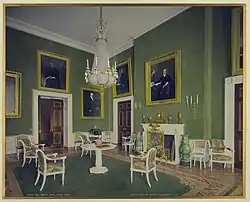 Zelený pokoj v Bílém domě, ručně kolorovaný platinotisk, Detroit Photographic Company, 1904